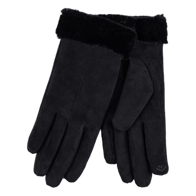 Isotoner Ladies One Point Faux Suede Glove with Faux Fur Cuff Detail Black Extra Image 1